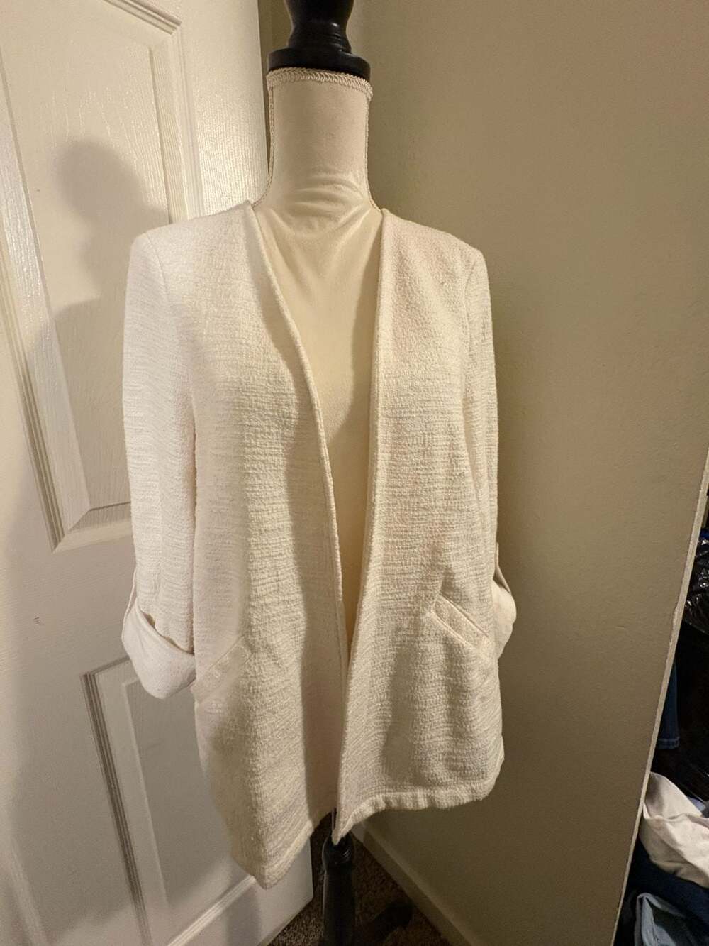 Torrid Open Front Cardigan White Textured Pocket Roll Sleeve